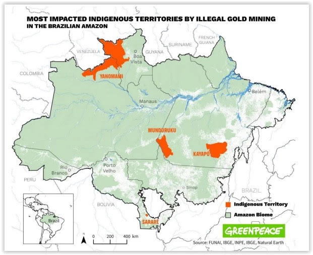 Mapa mostra as terras indígenas mais impactadas pelo garimpo ilegal de ouro na Amazônia
