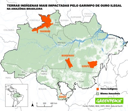 Panorama das áreas desmatadas pelo garimpo de ouro em territórios indígenas, 2023-2024.  Fonte: Fonte: Relatório “Ouro Tóxico